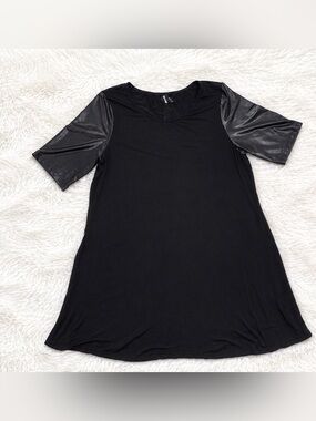Agnes & Dora Black Swing Dress Large | Faux Leather Sleeve Tunic Dress Casual